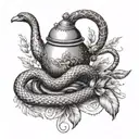A dotwork design of a snake wrapped around a coffee pot with duck feathers incorporated in the background tattoo design idea