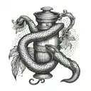 A dotwork design of a snake wrapped around a coffee pot with duck feathers incorporated in the background tattoo design idea