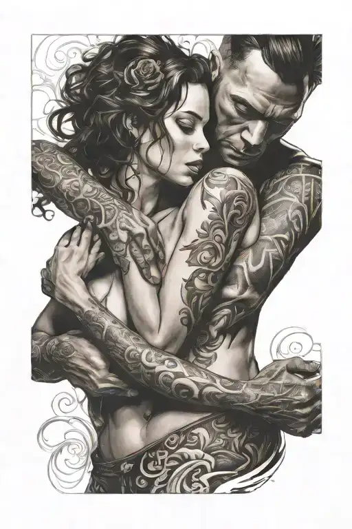 A sultry silhouette of a couple engaged in mild breath play, with woman being submissive to her dominant  tattoo design idea