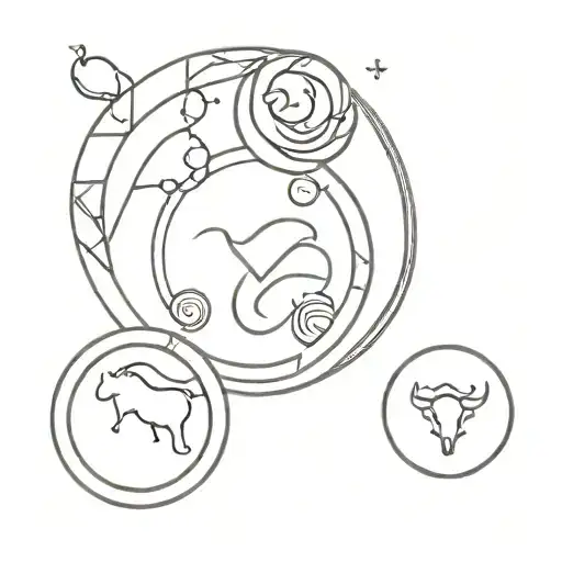A tattoo incorporating the earth signs of the zodiac and the symbols of Taurus, Virgo, and Capricorn in a minimalist and modern style, symbolizing stability and grounding tattoo design idea