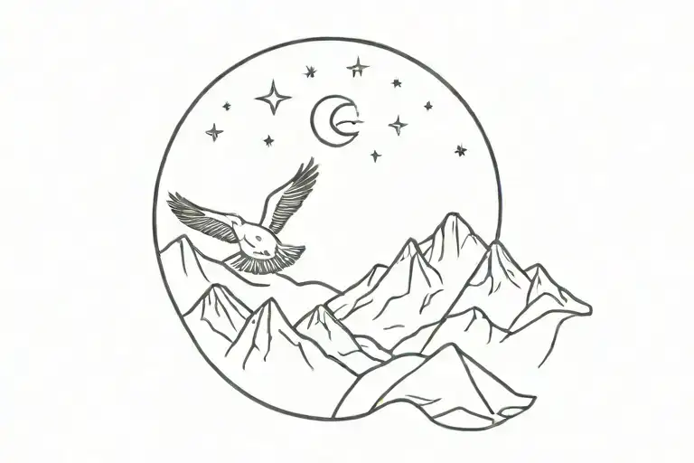 mountains, moon, stars, 1 goose and 1 hawk  tattoo design idea