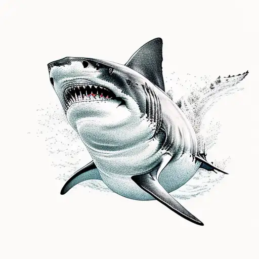 great white shark in mouvement  that would go well on the ribs, tattoo design idea