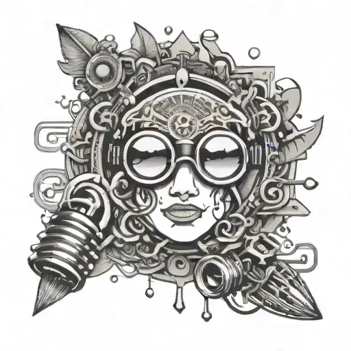 An intricate mandala design with swimming goggles at the center, surrounded by musical instruments and water droplets to represent the client's interests in swimming, music, and water tattoo design idea