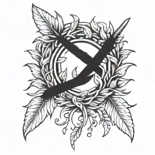 Laurel wreath with broken sword piercing tattoo design idea