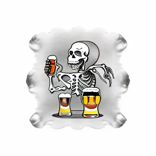 skeleton hand clinking a glass of beer with “cheers til death” written underneath tattoo design idea