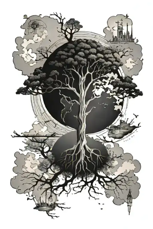 tree surrounding the world map tattoo design idea