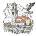 Rovinj Bell Tower and seagull tattoo design idea