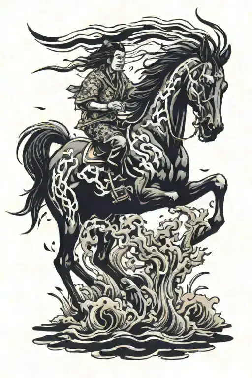 black stallion running through dead corpses including metal font text of death  tattoo design idea