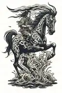 black stallion running through dead corpses including metal font text of death  tattoo design idea