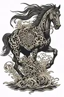 black stallion running through dead corpses including metal font text of death  tattoo design idea