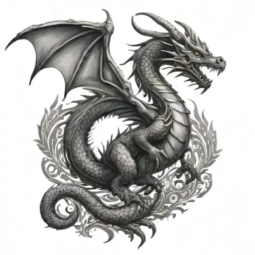 A dragon symbolizing the sin of pride, adorned with intricate patterns and standing tall with a regal aura tattoo design idea