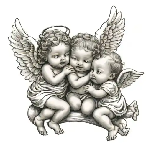 3  baby angels flying playing whistle  and having fun cuddleling eachother tattoo design idea