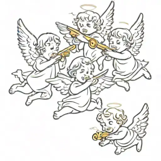 3  baby angels flying playing whistle  and having fun  tattoo design idea