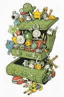A mechanic's toolbox filled with symbols of drift cars, money gods, and characters from Pokémon, Naruto, and One Piece tattoo design idea