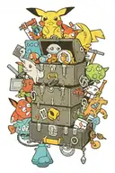 A mechanic's toolbox filled with symbols of drift cars, money gods, and characters from Pokémon, Naruto, and One Piece tattoo design idea