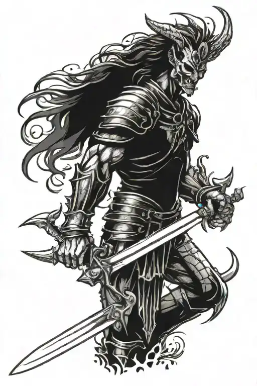 half angel half demon man in armor holding sword tattoo design idea