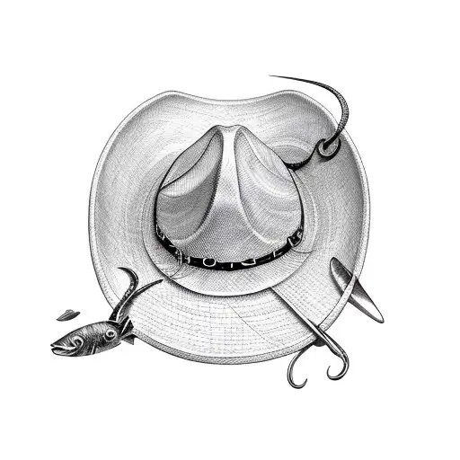 Sketch Cowboy Hat With A Fish Hook Around It Tattoo Idea - BlackInk AI