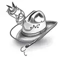 Cowboy hat (frontal) through which a fishing hook and the fishing line tattoo design idea