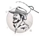 Cowboy hat (frontal) through which a fishing hook and the fishing line tattoo design idea