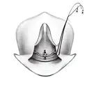 Cowboy hat (frontal) through which a fishing hook with the fishing line passes through the brim of the hat tattoo design idea