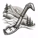 A pickaxe with snow-covered peaks and pine trees in the background tattoo design idea