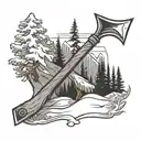 A pickaxe with snow-covered peaks and pine trees in the background tattoo design idea