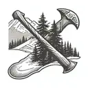 A pickaxe with snow-covered peaks and pine trees in the background tattoo design idea