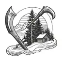 A pickaxe with snow-covered peaks and pine trees in the background tattoo design idea