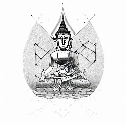 tree with dna, evil buddha and geometrical style dark tattoo sleeve tattoo design idea