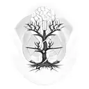 tree with dna in the trunk , evil buddha and geometrical style dark tattoo sleeve tattoo design idea