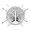 tree with dna in the trunk , evil buddha and geometrical style dark tattoo sleeve tattoo design idea