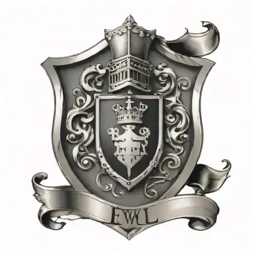 Family Crest Shield with the name Jewell on the bottom and a knight helmet on top tattoo design idea