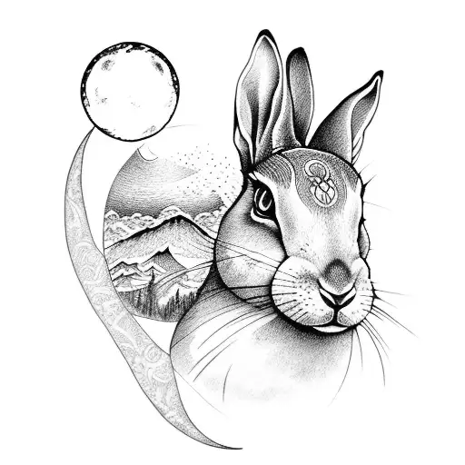 A dotwork tattoo of a mystical hare and triple goddess moons tattoo design idea