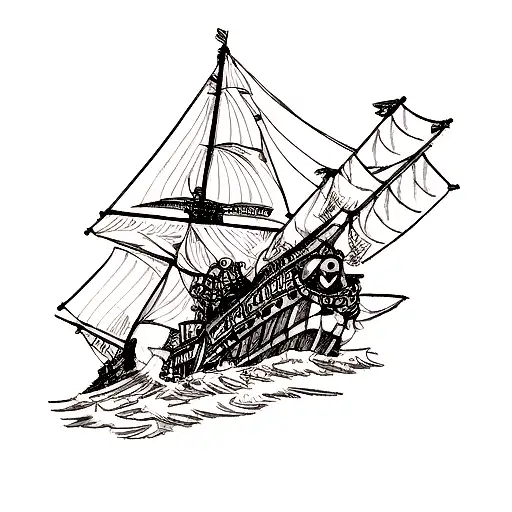 A tattoo inspired by One Piece: Imagine a majestic pirate ship navigating stormy seas, its sails unfurled, symbolizing t tattoo design idea