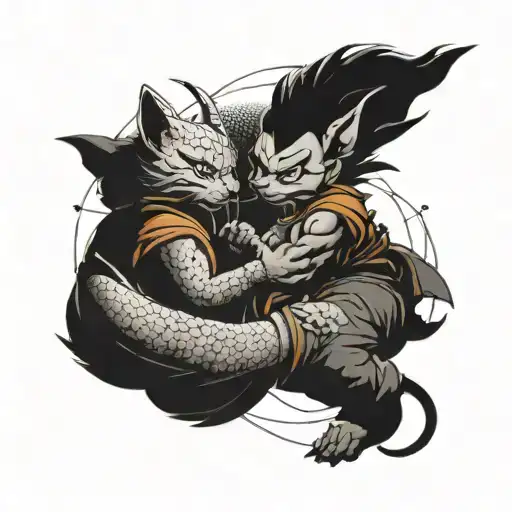 A tattoo of a dragonball z character practicing martial arts with a cat as their training partner tattoo design idea
