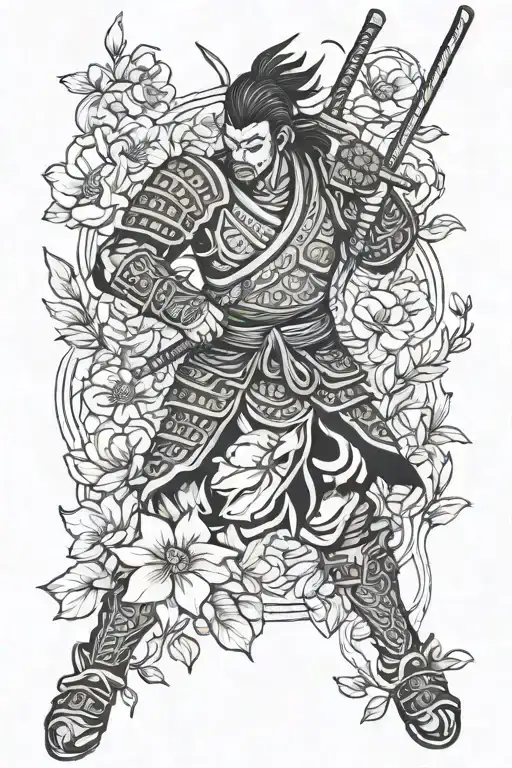 samuari warrior in a flower garden tattoo design idea