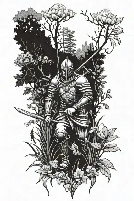 warrior in a garden scene tattoo design idea