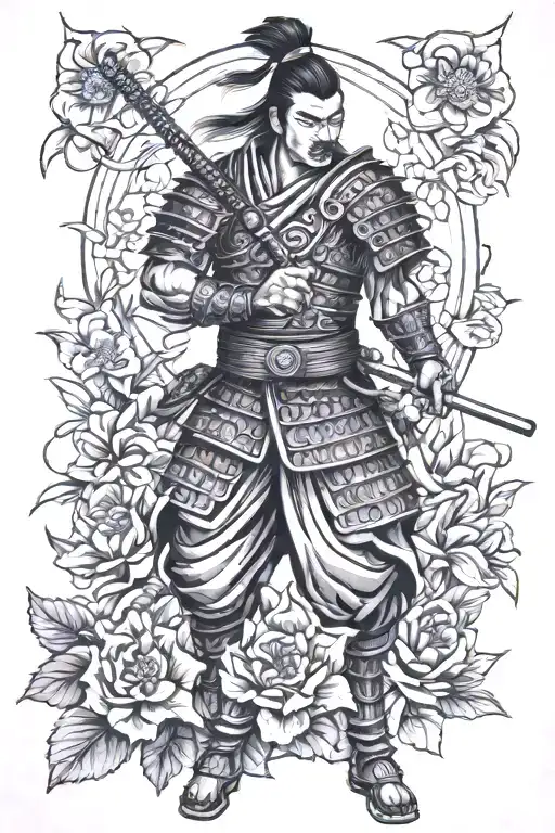 samuari warrior in a flower garden tattoo design idea