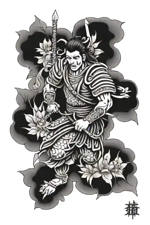 samuari warrior in a flower garden tattoo design idea