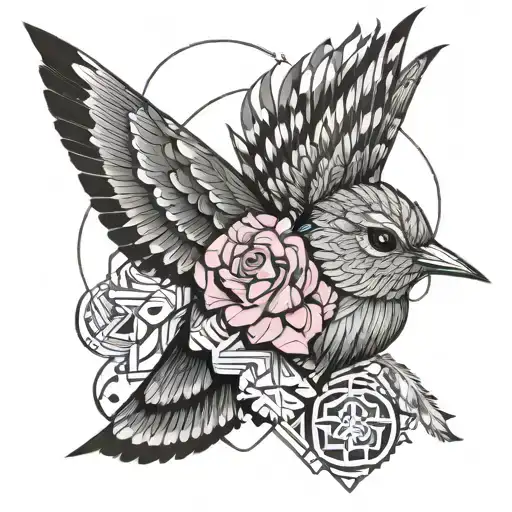 marcus aurelius face and hummingbird hovering and breast cancer ribbon with LMS initials tattoo design idea
