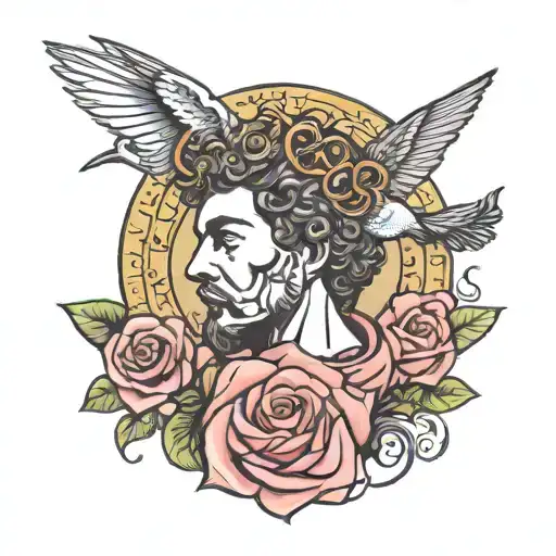 marcus aurelius face and hummingbird hovering and breast cancer ribbon with LMS initials tattoo design idea