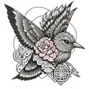 marcus aurelius face and hummingbird hovering and breast cancer ribbon with LMS initials tattoo design idea