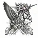 marcus aurelius face and hummingbird hovering and breast cancer ribbon with LMS initials tattoo design idea