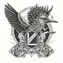 marcus aurelius face and hummingbird hovering and breast cancer ribbon with LMS initials tattoo design idea