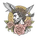marcus aurelius face and hummingbird hovering and breast cancer ribbon with LMS initials tattoo design idea