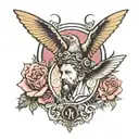 marcus aurelius face and hummingbird hovering and breast cancer ribbon with LMS initials tattoo design idea