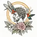 marcus aurelius face and hummingbird hovering and breast cancer ribbon with LMS initials tattoo design idea