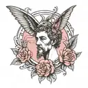 marcus aurelius face and hummingbird hovering and breast cancer ribbon with LMS initials tattoo design idea