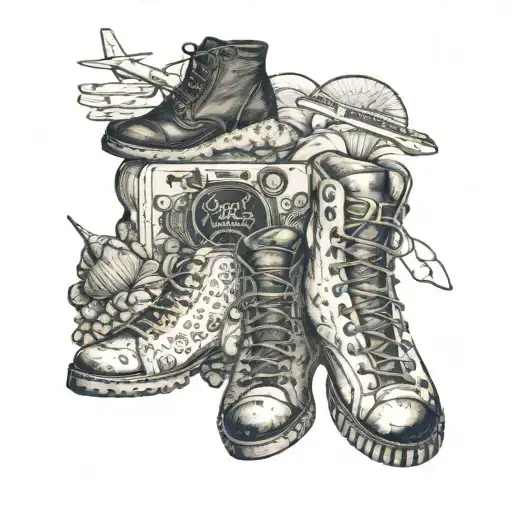 A collage of family trip souvenirs, like seashells, hiking boots, and plane tickets, arranged in a cohesive design tattoo design idea