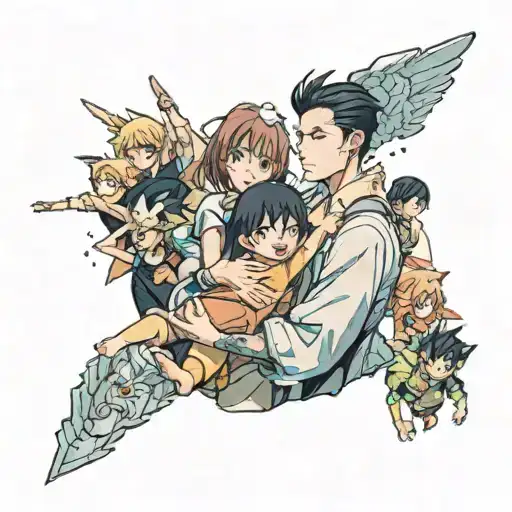 a man holding a child in front of a crowd of people tattoo design idea